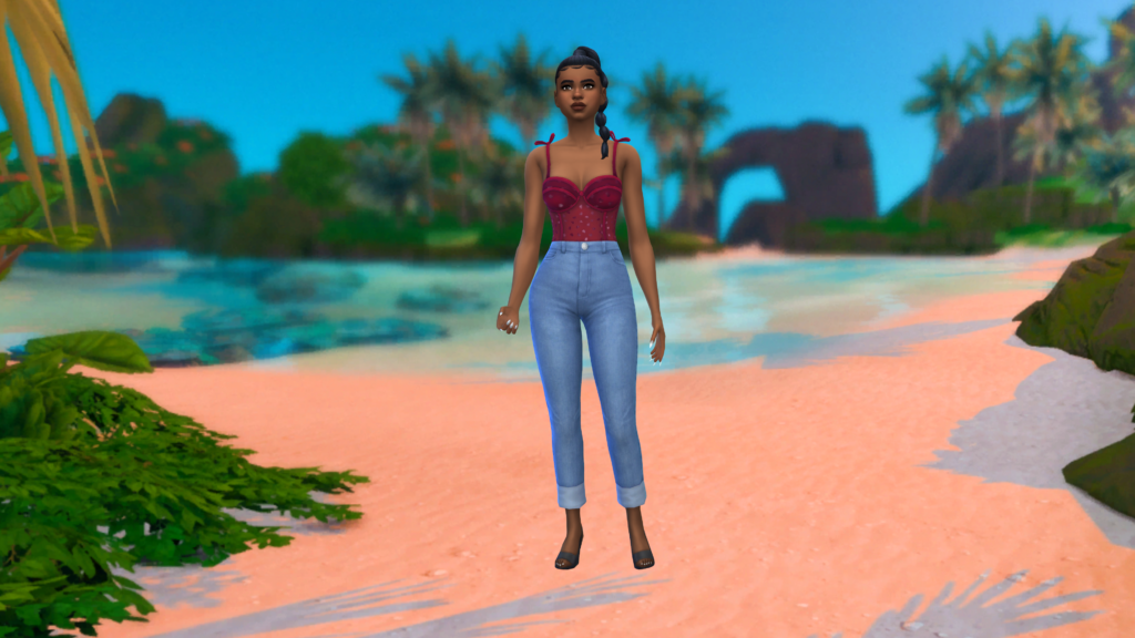 Un sim en jeans azules de cintura alta y un corpiño rojo con el cabello recogido en una trenza. El fondo de pantalla de CAS para este personaje es del mundo de Sulani en Los Sims 4.