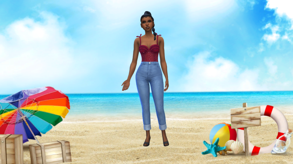Un sim con pantalones vaqueros de talle alto y un body corsé rojo con el pelo recogido en una trenza. Este personaje de Los Sims 4 está de pie en una playa que es un fondo de CAS.