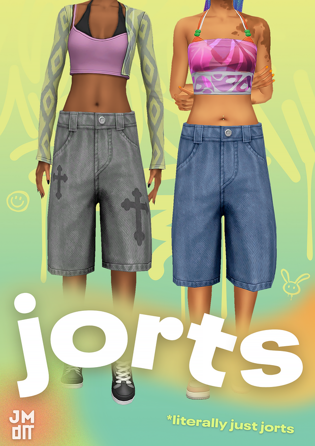 Dos personajes de Los Sims 4 con sus cabezas recortadas de la imagen. Ambos llevan puestos unos shorts de mezclilla anchos.