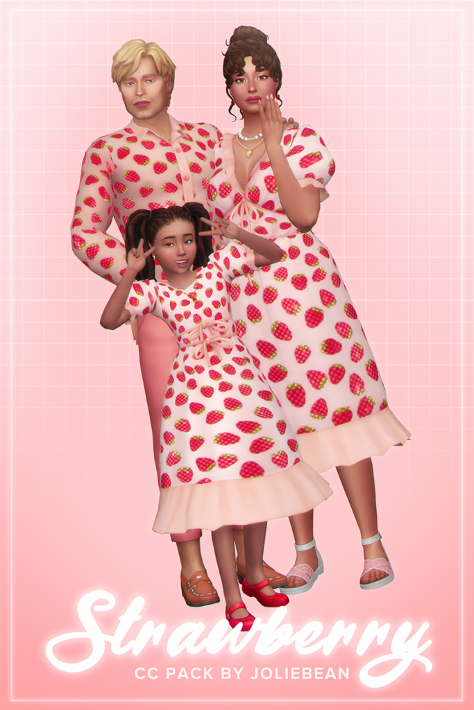 una familia vistiendo vestidos de fresas a juego