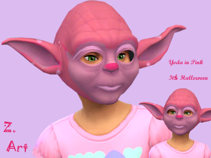 Un sim con una camiseta rosa llevando una máscara rosa brillante de Yoda