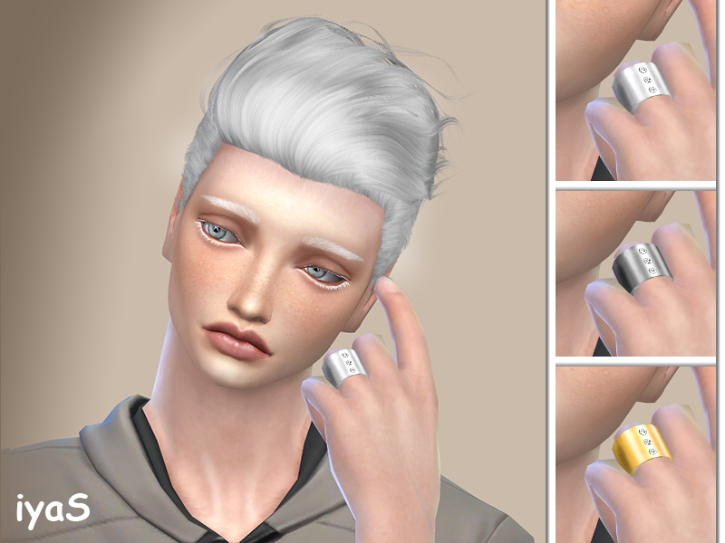 Un sim masculino de Los Sims 4 que lleva un anillo de banda ancha con tres diamantes en él.