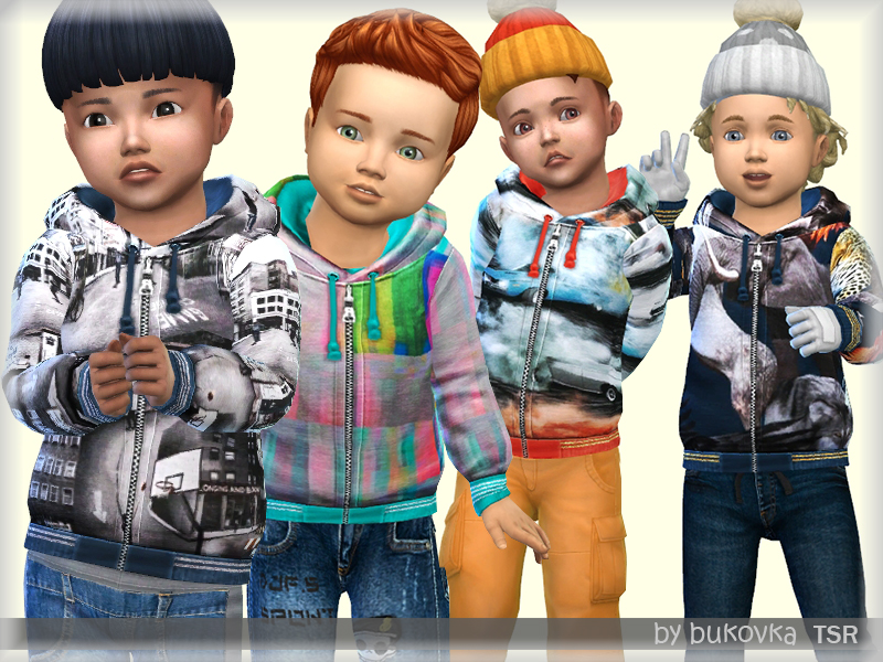 Cuatro personajes de Los Sims 4 parados con chaquetas parka que son chaquetas cc de colores brillantes. Tienen patrones abstractos y algunos también llevan gorros.