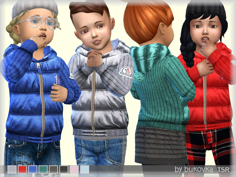 Cuatro niños pequeños de Los Sims 4 que llevan chaquetas con la espalda y las mangas tejidas y un frente acolchado.