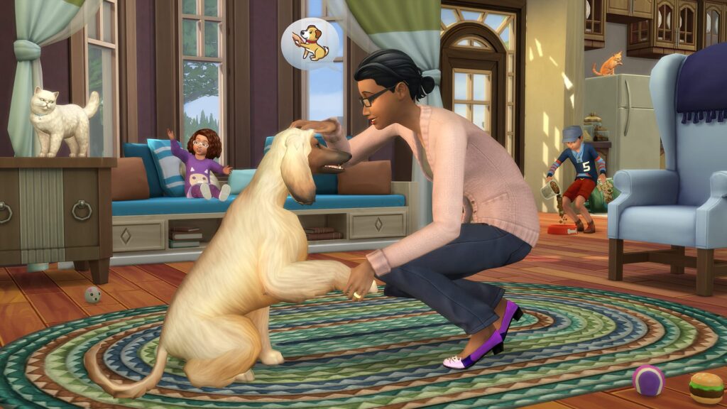 Un Sim usando la habilidad de entrenamiento de mascotas en Los Sims 4 para intentar enseñar a su mascota a dar la pata