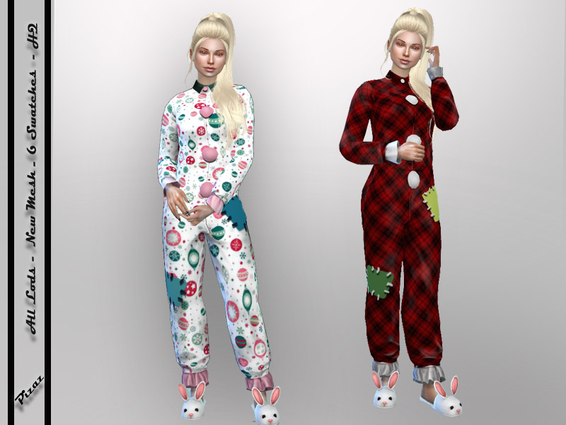 El mismo Sim de Los Sims 4, dos veces, usando un divertido pijama con adornos navideños de CC