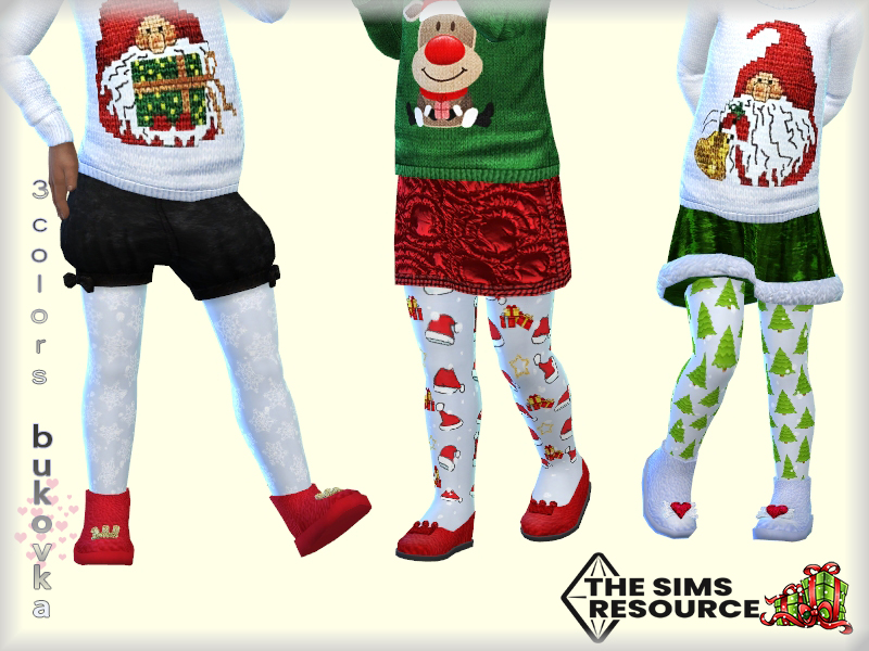 Tres sims cuyas cabezas están cortadas en la imagen que llevan variaciones de accesorios festivos de leggings. Estos leggings de cc para Los Sims 4 tienen árboles de Navidad, gorros de Santa Claus y copos de nieve.