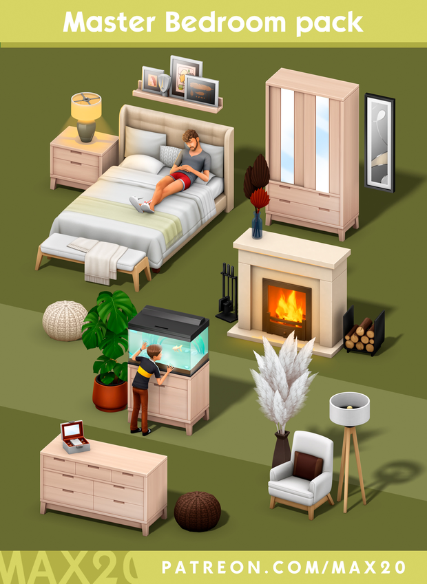 La portada del paquete de dormitorio principal para Los Sims 4 que tiene un montón de muebles de madera de abedul como una cama, una cómoda, un acuario y más.