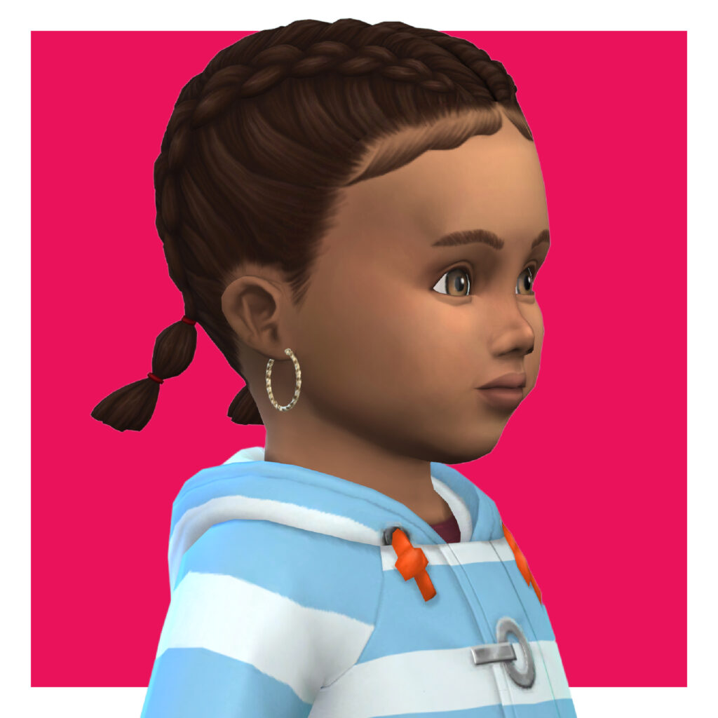 Un personaje del juego Los Sims 4 en la etapa de toddler sobre un fondo rosa. Lleva una chaqueta a rayas azules y blancas, tiene el pelo trenzado y lleva puestos unos pendientes de aro personalizados.