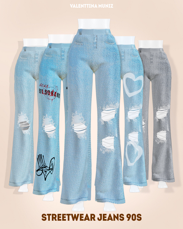 Cinco maniquíes luciendo jeans holgados con rasgaduras.