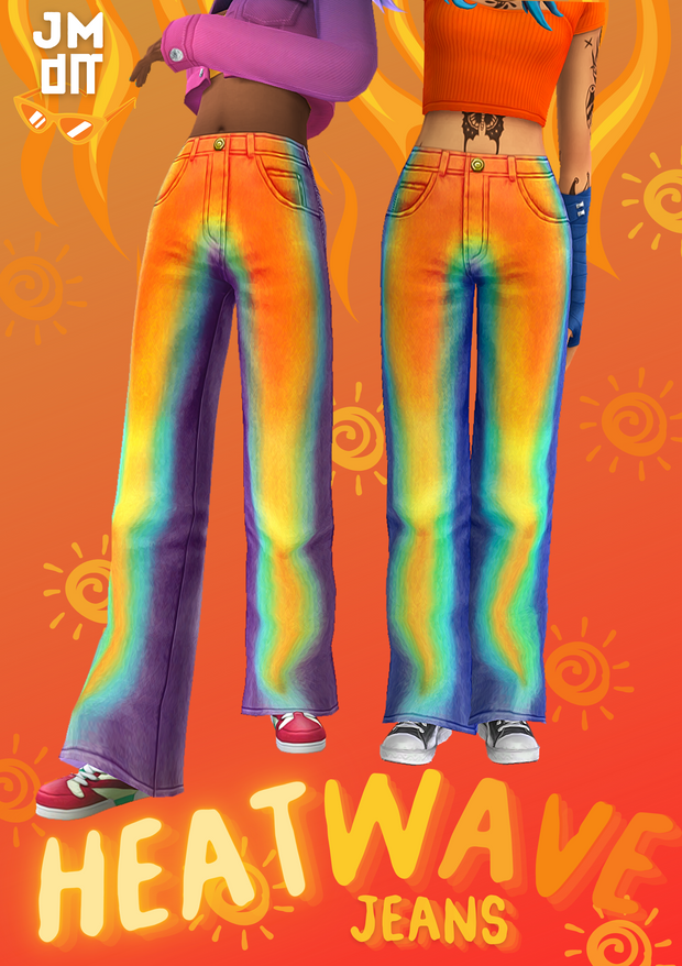 Dos sims que están recortados en el pecho sobre un fondo naranja brillante. Están usando pantalones que parecen una ola de calor. 