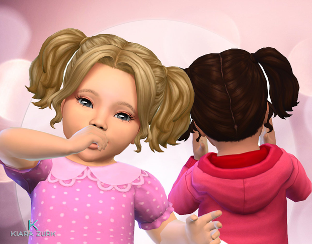 Dos personajes de bebés de Los Sims 4 en un fondo rosa con coletas a juego de sims 4 cc.