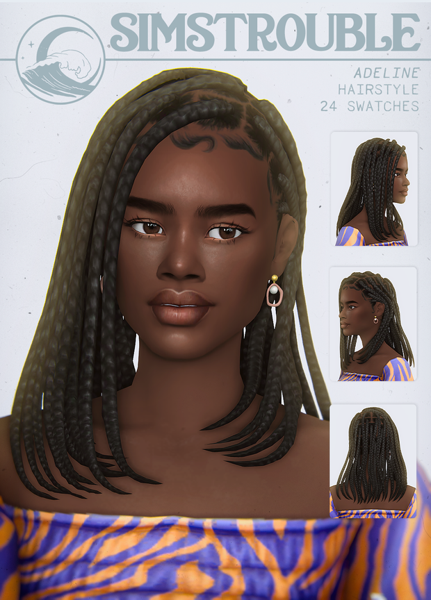 Un sim vistiendo una camiseta azul y naranja con el cabello partido a un lado y trenzas de protección.