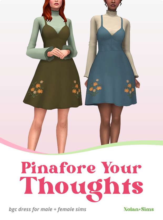 dos sims usando un hermoso vestido pinafore que tiene flores en el frente, un atuendo de sims 4 cc hermoso