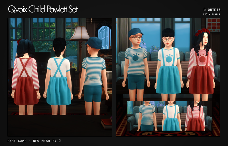 Tres niños en Los Sims 4 vistiendo conjuntos de ropa para niños con camisetas lindas que tienen patas de animales y shorts o una falda