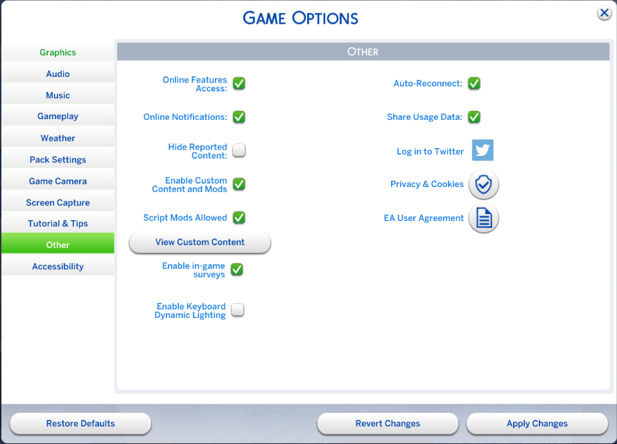 opciones del juego sims 4