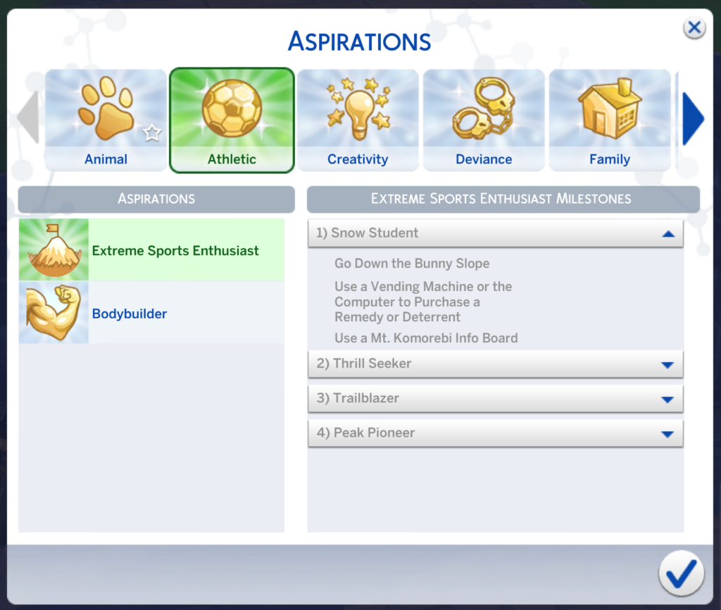 aspiración entusiasta de deportes extremos de los Sims 4