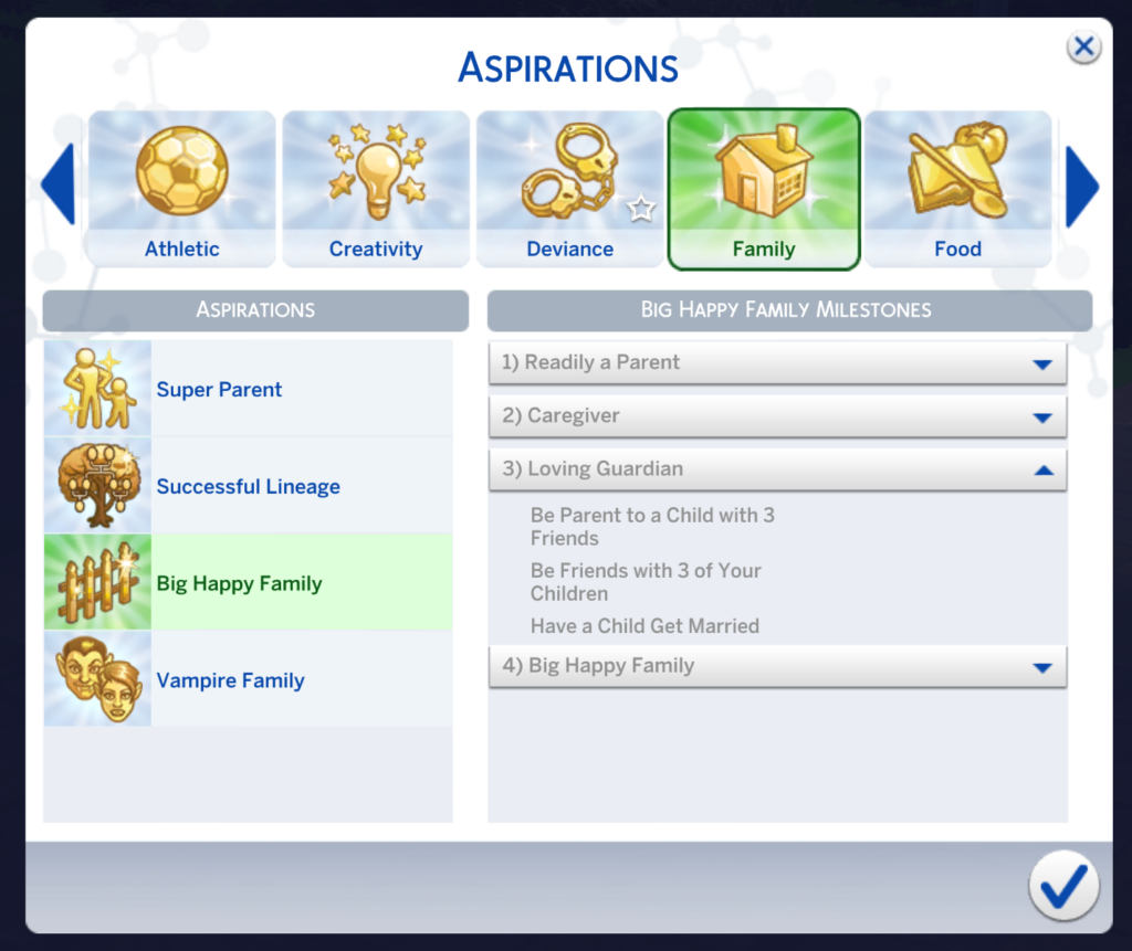 nivel de guardián amoroso de la aspiración de Los Sims 4: Gran familia feliz
