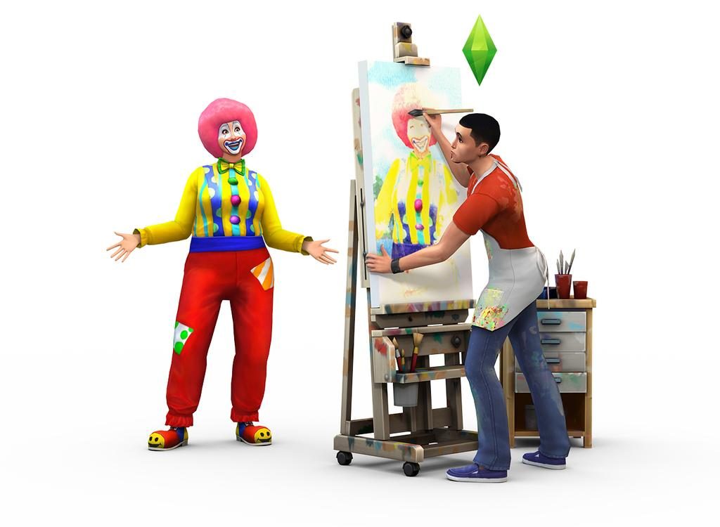 Una imagen de un sim masculino pintando un retrato de un sim vestido de payaso del equipo de Los Sims 4, un hombre perfecto para la carrera de pintor