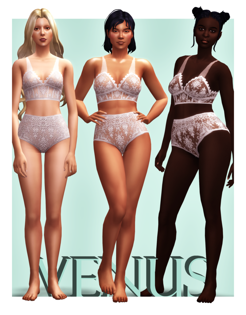 Tres personajes diferentes de Los Sims 4 que llevan el mismo conjunto de lencería de encaje blanco CC. Los sims tienen diferentes tonos de piel para mostrar cómo se ve en sims diferentes. 
