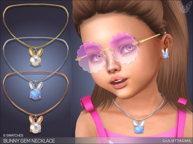 Un niño pequeño de Los Sims 4 que tiene cabello castaño y lleva puesto un top de tanque rosa y un par de gafas de sol rosas. También lleva un collar de cc que tiene una cadena plateada y es de conejo.