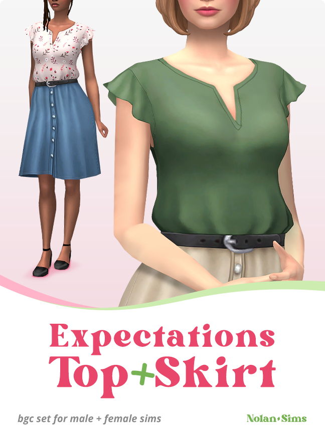 Una blusa linda con un cinturón y una falda abotonada para agregar a tu carpeta de mods de atuendos de sims 4 cc