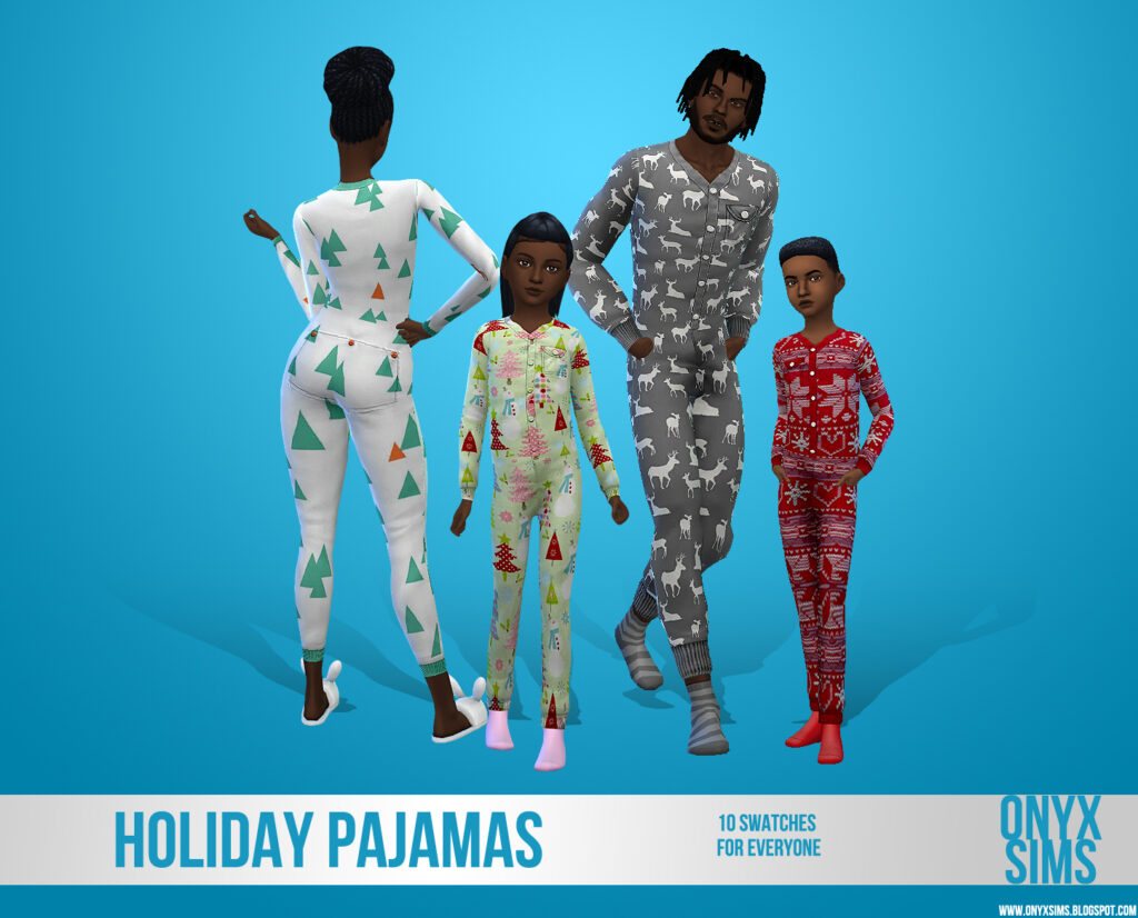 cuatro Sims vistiendo pijamas navideñas en varios colores y posando