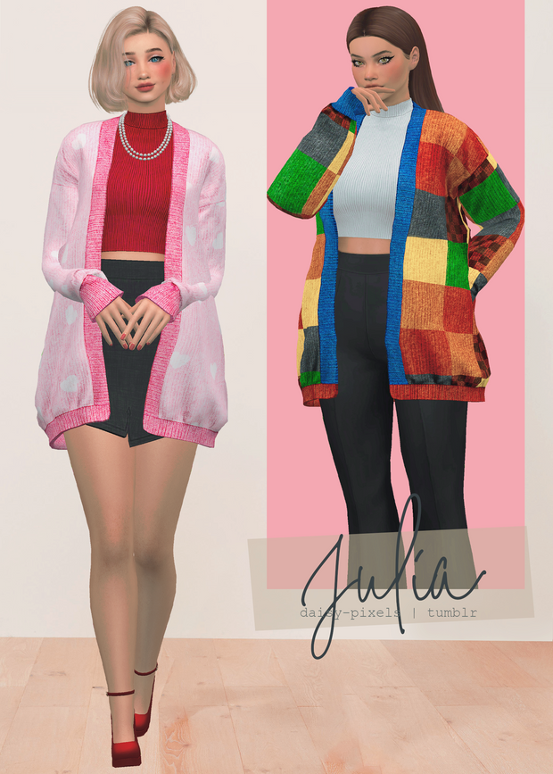 Dos personajes femeninos de Los Sims 4 que llevan puesta una chaqueta de punto. Una está cubierta de corazones y la otra está cubierta de parches.