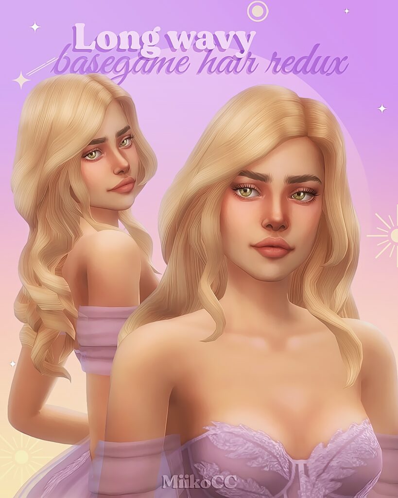 Una Sim que lleva un vestido lila claro con escote de corazón. Esta Sim tiene ojos verdes y un maquillaje sencillo, y su pelo rubio de Los Sims 4 CC para bodas tiene un peinado con raya al lado y rizos suaves.