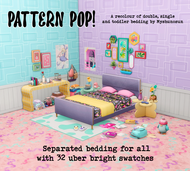 Una habitación con papel tapiz brillante, pisos coloridos y una colcha de cama brillante y divertida.