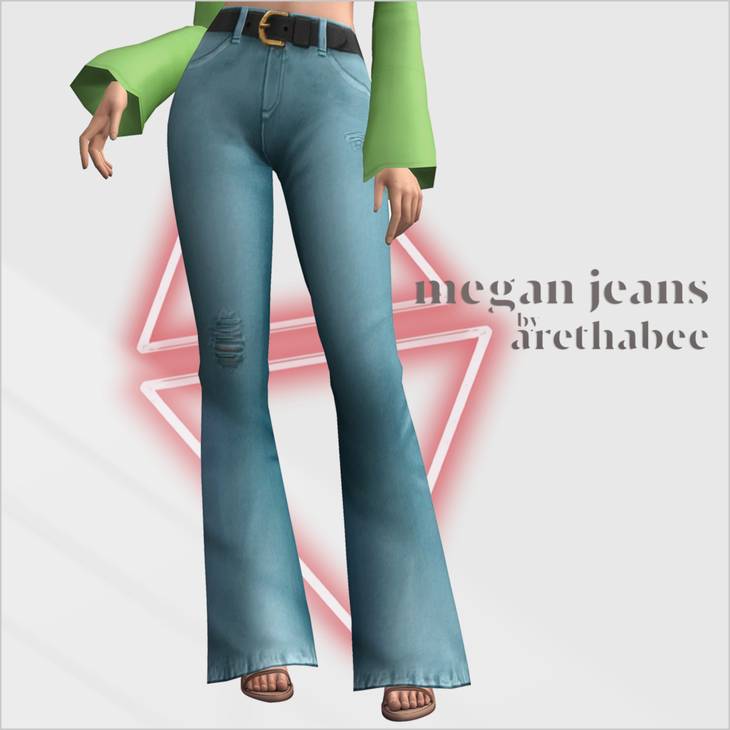 Una sim vistiendo una blusa verde de manga larga con jeans de campana de cintura alta.