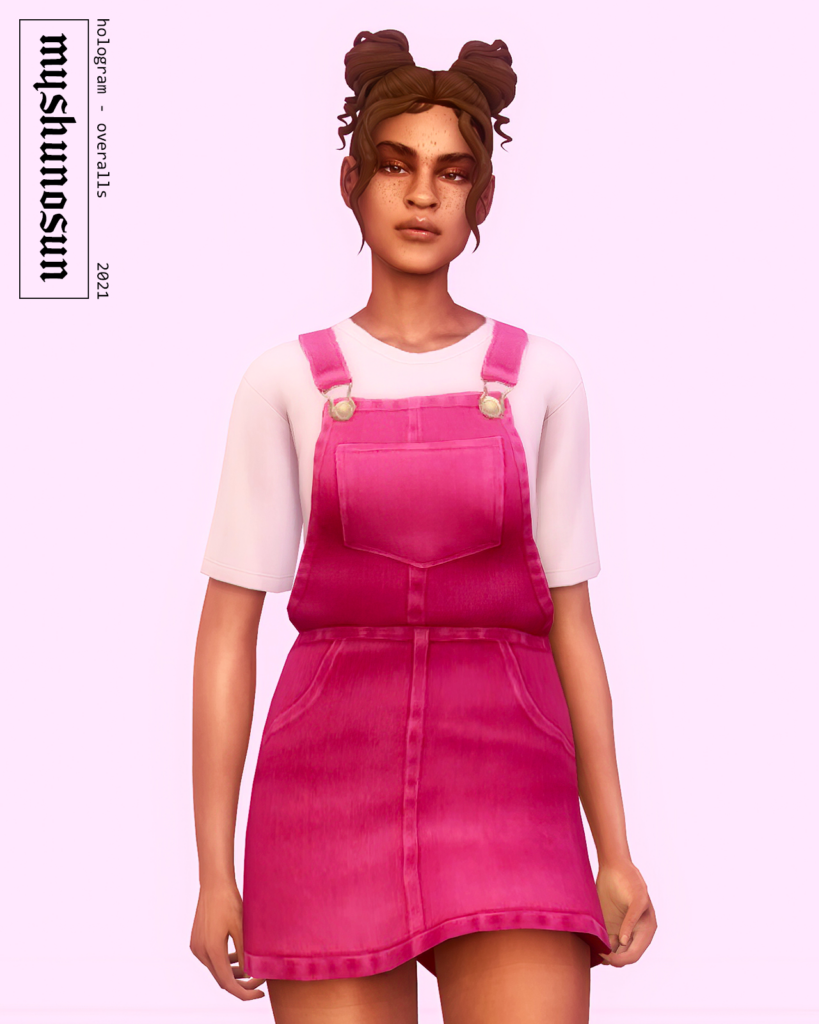 Un fondo rosa claro con un sim parado al frente. Llevan una camiseta rosa claro con un par de overoles de color rosa brillante con una falda. Sims 4 CC.