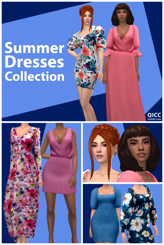 una colección de hermosos vestidos de verano y sims usándolos