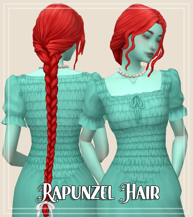 Un sim con piel verde azulada y un vestido verde azulado con cabello rojo brillante. Su cabello está en una larga trenza como Rapunzel.