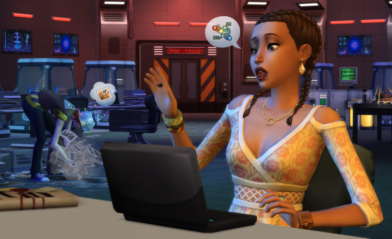 Un sim en una computadora que acaba de usar el truco de habilidad de programación de Los Sims 4 para mejorar en el hackeo en el laboratorio secreto
