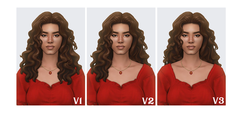 Tres rectángulos con el mismo sim con el mismo atuendo con una blusa roja y un collar rojo. Esto muestra las tres versiones diferentes de un solo cabello rizado personalizado.
