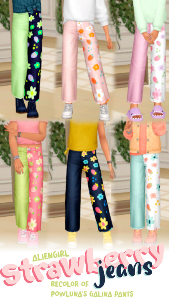 Seis paneles del mismo sim vistiendo diferentes conjuntos. Todos estos conjuntos son sims vistiendo el mismo par de pantalones bicolor con estampados en la pierna como fresas y flores.
