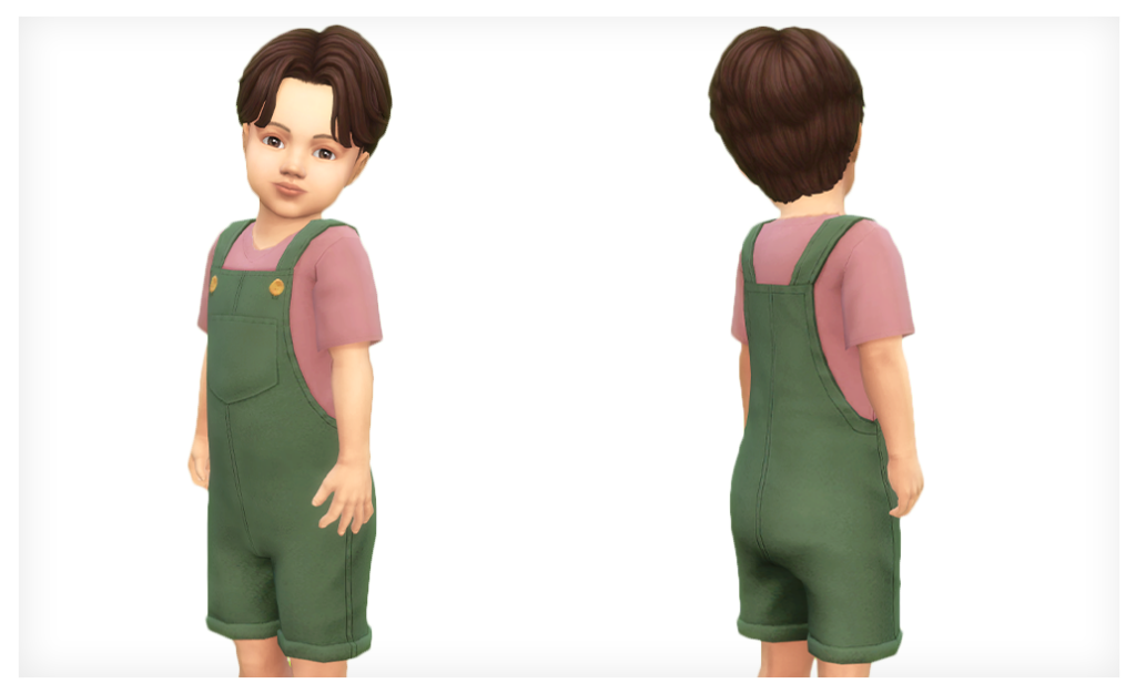 un niño pequeño en Los Sims 4 usando un par de overoles sobre una camiseta rosa