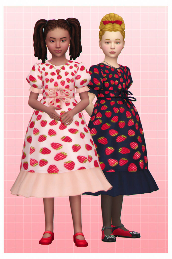 Una opción de atuendo de niños para Sims 4 que es una recreación del icónico vestido de fresas de TikTok con fresas brillantes en todo 