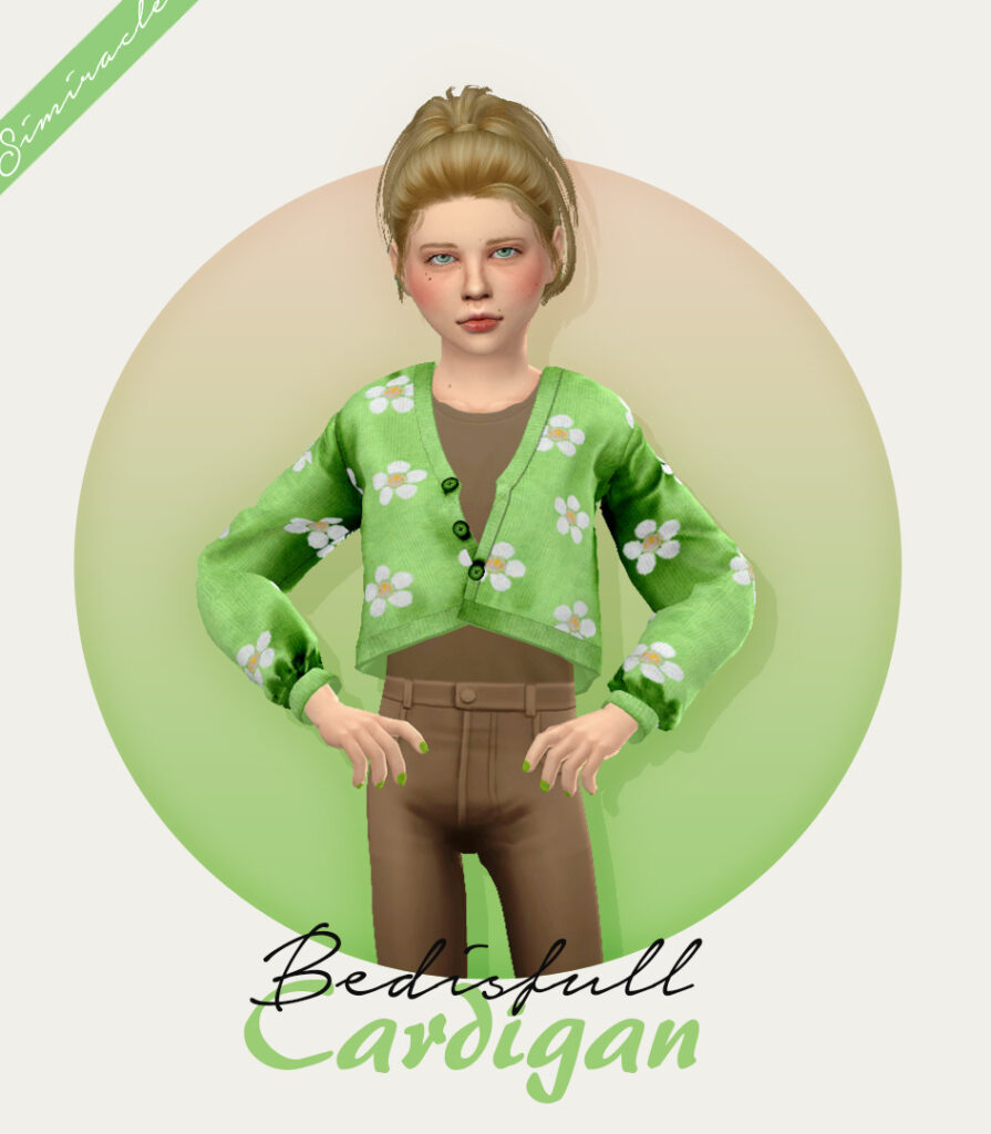 Un niño rubio de Los Sims 4 que lleva un cardigan personalizado de color verde brillante con margaritas blancas. También lleva una camiseta marrón y pantalones marrones con las uñas pintadas de verde.