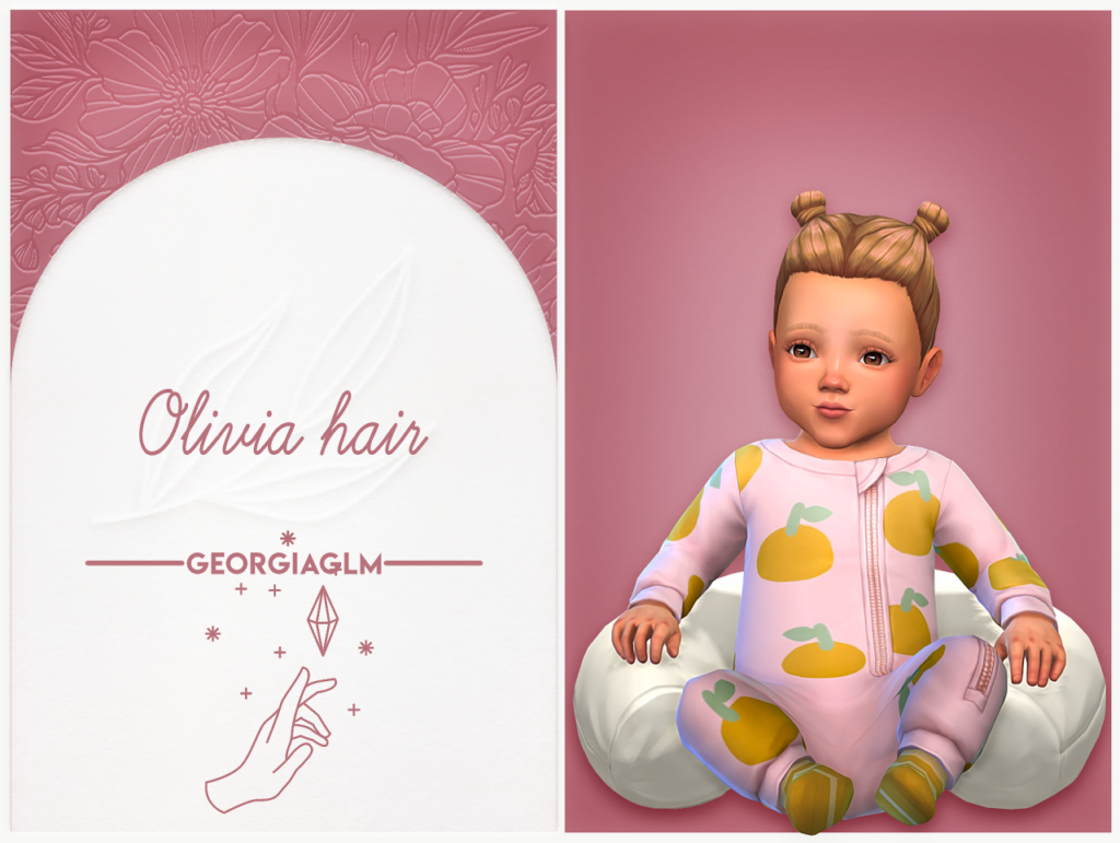 Un fondo rosa con "pelo olivia" en un lado y en el otro lado hay un infante de los sims 4 con su cabello en dos moños cc en la parte superior de su cabeza, sentado en un mono rosa.