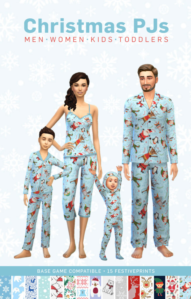 Un conjunto de pijamas de Navidad de Sims 4 CC. Este tiene opciones para todas las edades con un patrón azul claro con renos, Papá Noel y pingüinos.