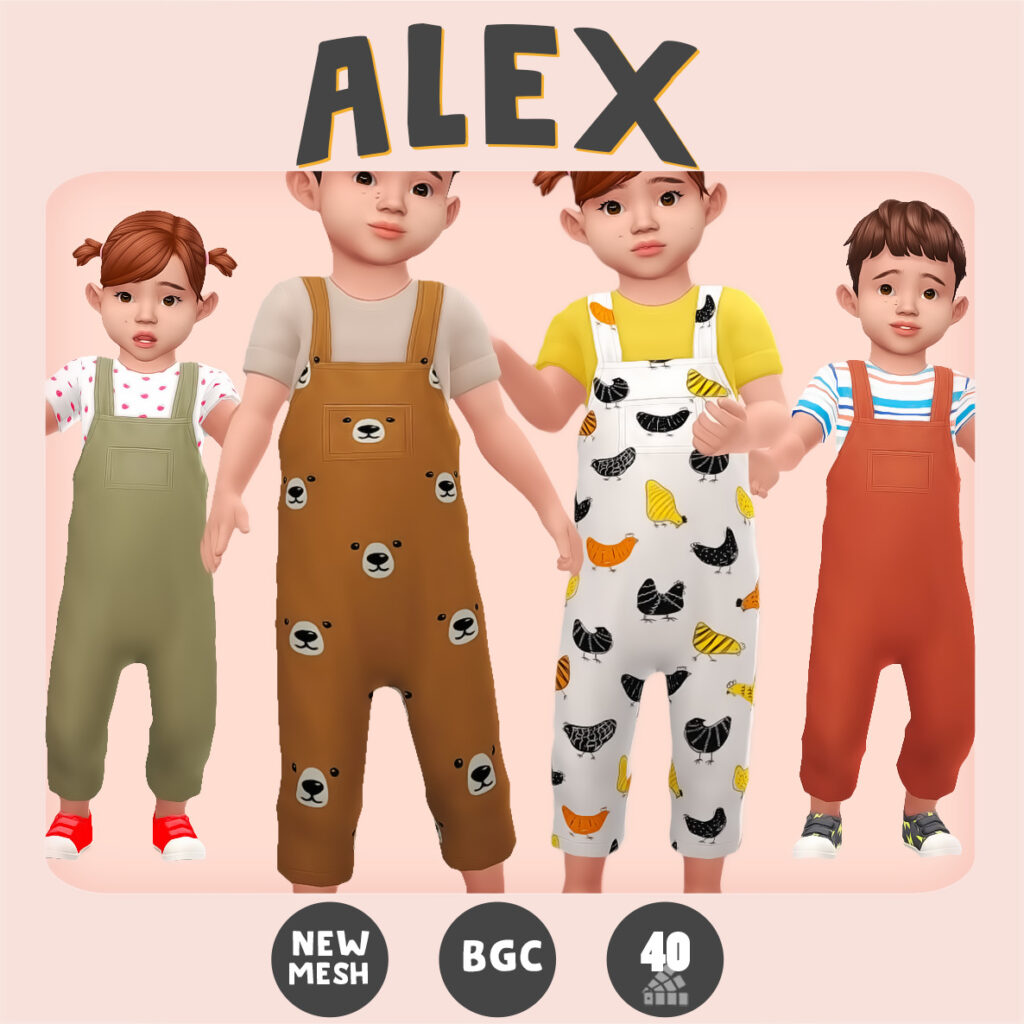 Cuatro niños pequeños de Los Sims 4 que llevan puestos camisetas y overoles largos con divertidos patrones, overoles de cc sims 4.