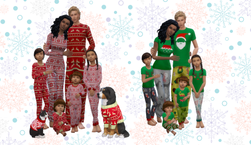 Dos imágenes lado a lado de una familia de Sims vistiendo pijamas a juego, incluso las mascotas.
