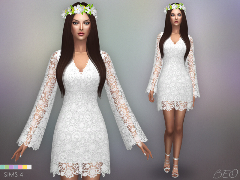 Un vestido de novia inspirado en el estilo bohemio que tiene mangas largas, cc de vestido de novia para Los Sims 4, tiene encaje por todas partes cubriendo un desliz y el encaje va un poco más allá del vestido de desliz