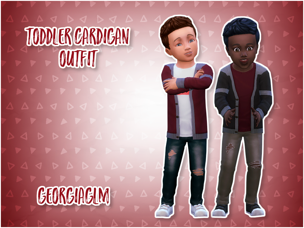 Dos niños pequeños varones de Los Sims 4 vistiendo conjuntos de jeans y cardigan a juego sobre un fondo rojo cubierto de triángulos. cc 