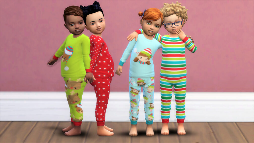 Cuatro niños pequeños en Los Sims 4 usando conjuntos de pijamas personalizados