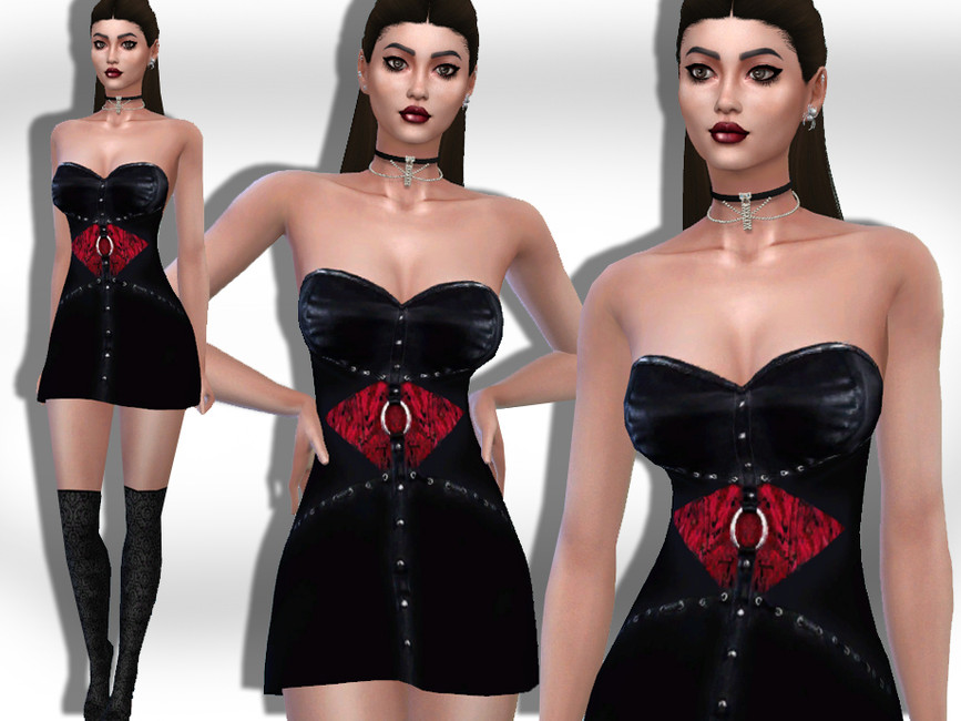 La misma sim 3 veces, esta sim de Los Sims 4 está usando un vestido de cuero negro con escote en forma de corazón