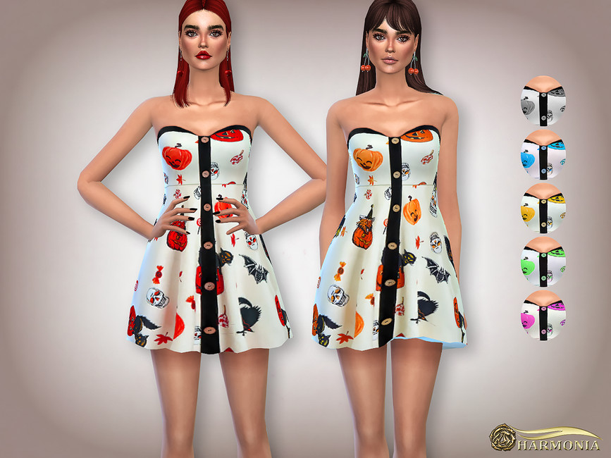 Dos sims parados en un vestido de Halloween sims 4 con escote de corazón, este vestido tiene un patrón divertido y botones en el centro. 