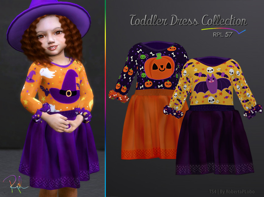 Una niña pequeña vistiendo un vestido con estampados CC y sombreros de Halloween